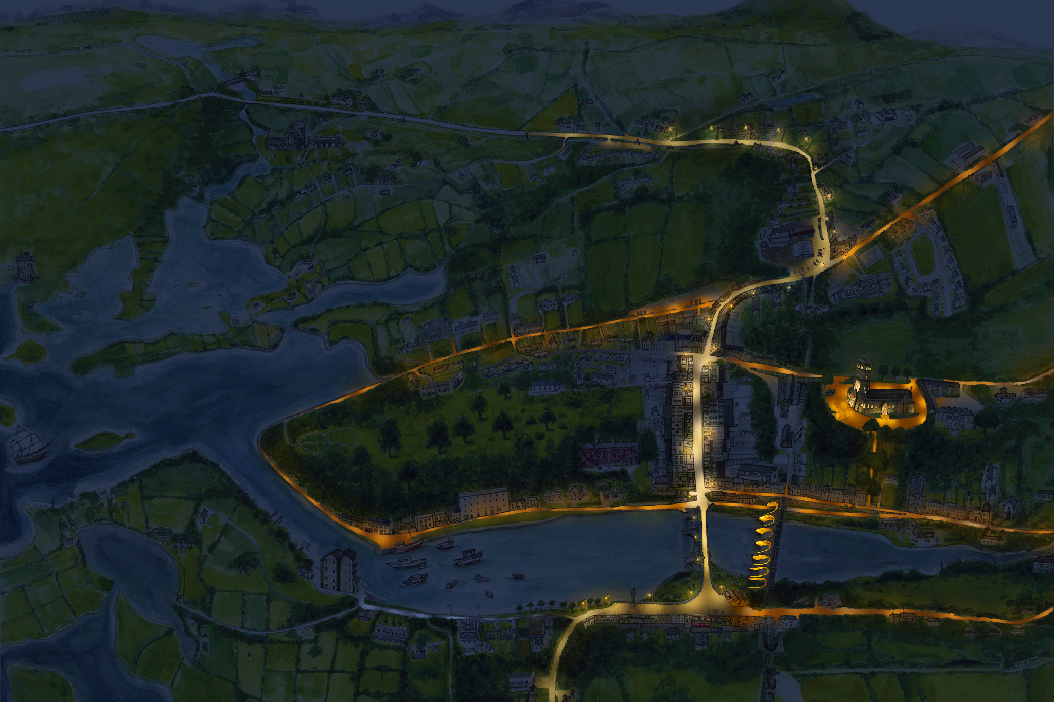 Graphic illustration of the lighting masterplan for the city of Newport. Design: Kerem Asfuroglu